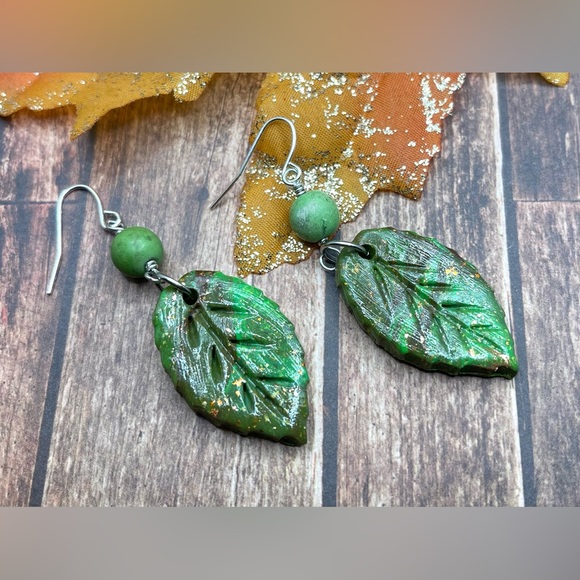 handmade Jewelry - Pumpkin leaf Dangle Earrings Polymer Clay & Gaspeite natural stone beads
